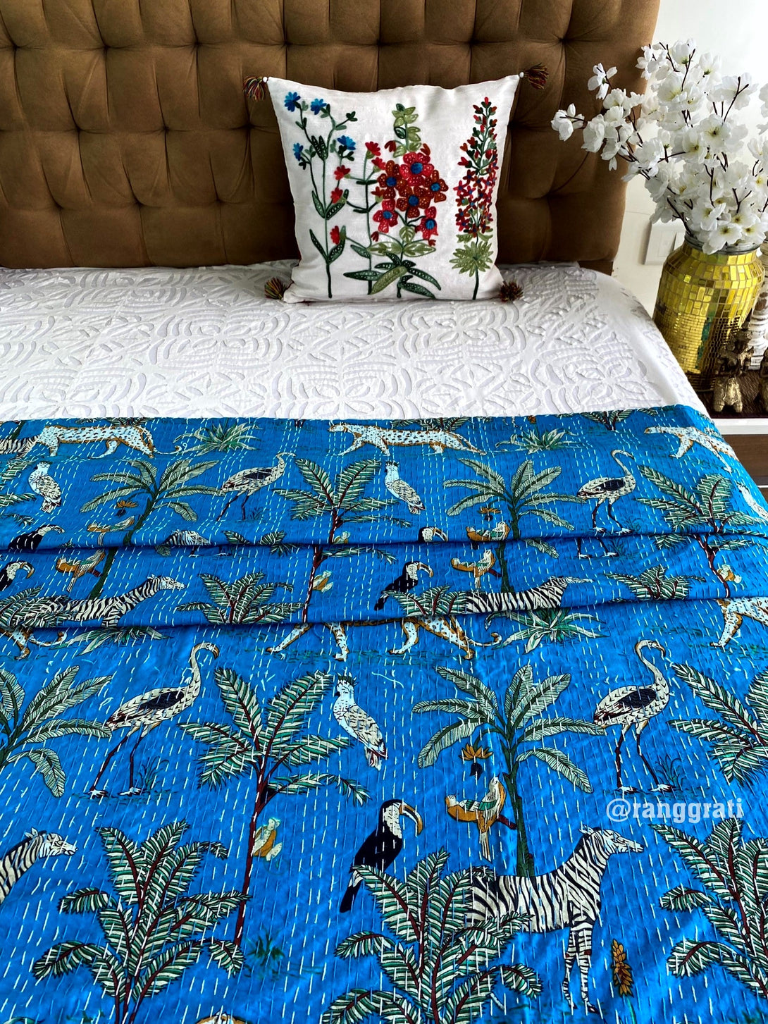 Blue Animal Kantha Bedcover For Double Bed King Size - Bedcover