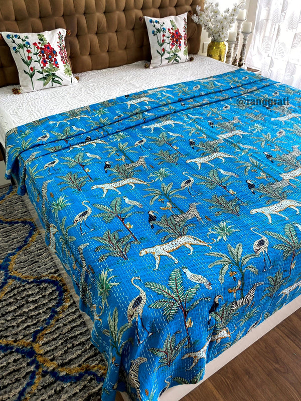 Blue Animal Kantha Bedcover For Double Bed King Size - Bedcover
