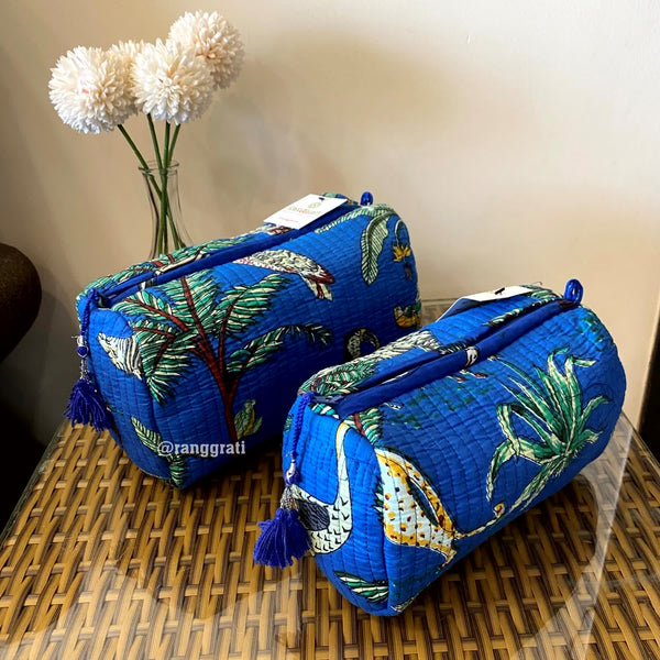 Blue Animal Quilted Travel Pouch Hand Block Set of 2 - Pouch