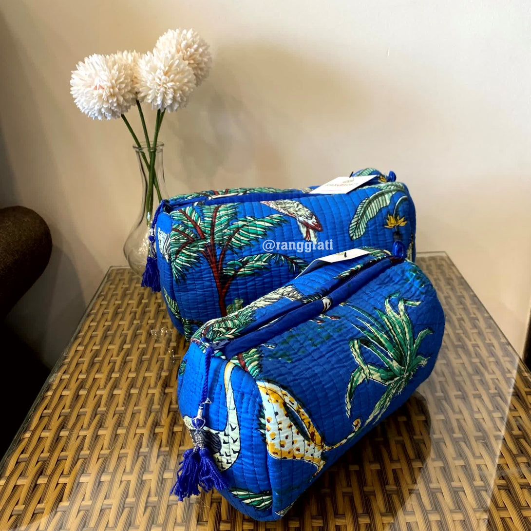 Blue Animal Quilted Travel Pouch Hand Block Set of 2 - Pouch