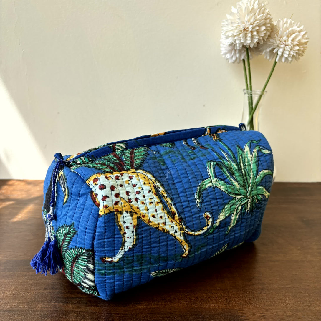 Blue Animal Quilted Travel Pouch Hand Block Set of 3 - Pouch