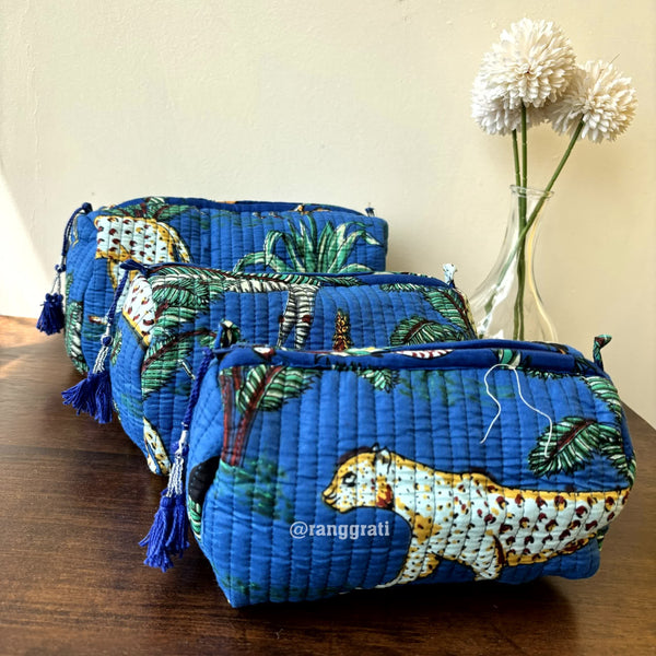 Blue Animal Quilted Travel Pouch Hand Block Set of 3 - Pouch