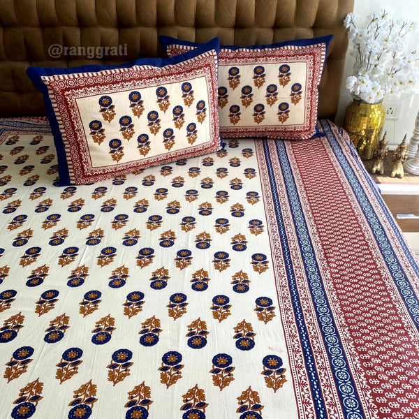 Blue Aster Floral Jaipuri Cotton Bedsheet King Size For Double Bed - Bedsheet