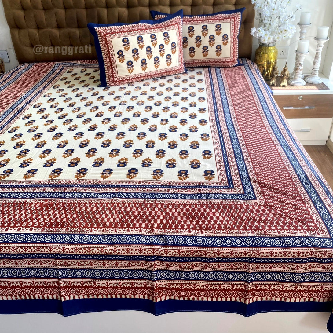 Blue Aster Floral Jaipuri Cotton Bedsheet King Size For Double Bed - Bedsheet