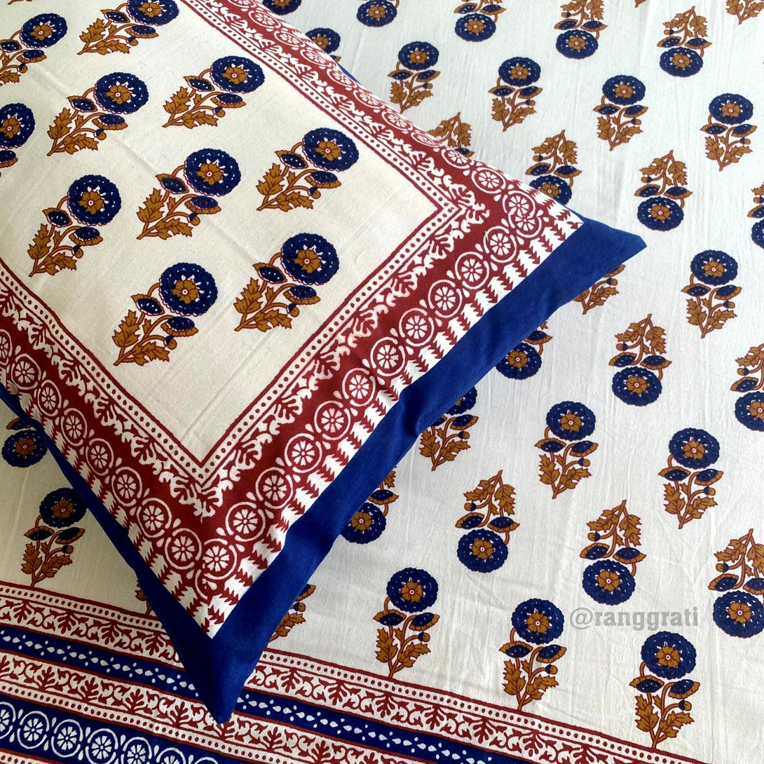 Blue Aster Floral Jaipuri Cotton Bedsheet King Size For Double Bed - Bedsheet