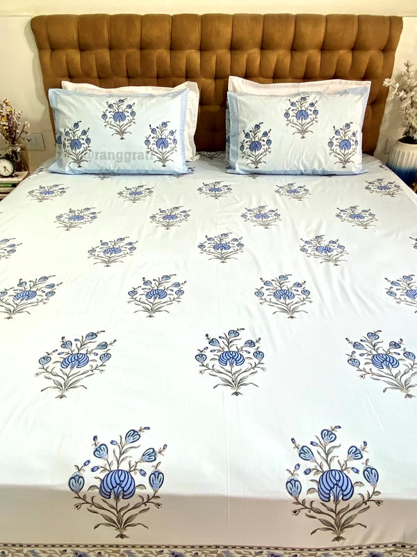 Blue Base With Blue Flowers Size 250 TC Bedsheet Hand Block - Bedsheet