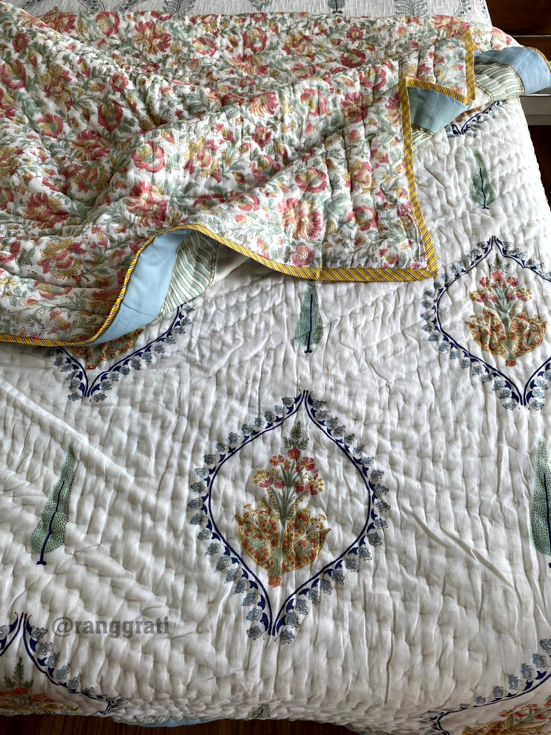 Hand Block Printed Blue Bell Harmony Double King Jaipuri Cotton Razai / Quilt