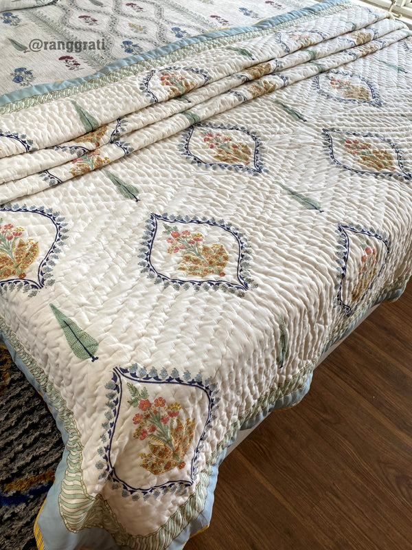 Double King Cotton Razai / Quilt – Blue Bell Harmony Jaipuri Hand Block

