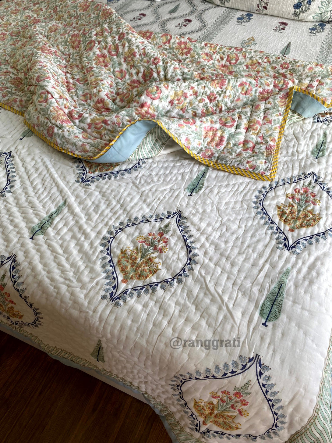 Blue Bell Harmony Double King Razai / Quilt Cotton Hand Block Jaipuri