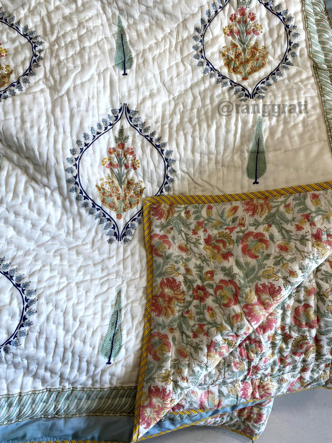Blue Bell Harmony Double King Razai / Quilt Cotton Hand Block Jaipuri Reversible