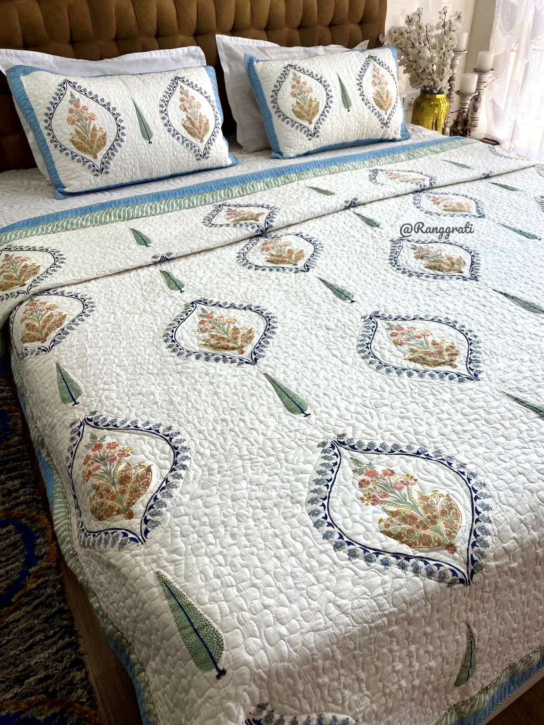 Blue Bell Harmony Hand block Quilted Bedcover In Mulmul Reversible - Bedcover