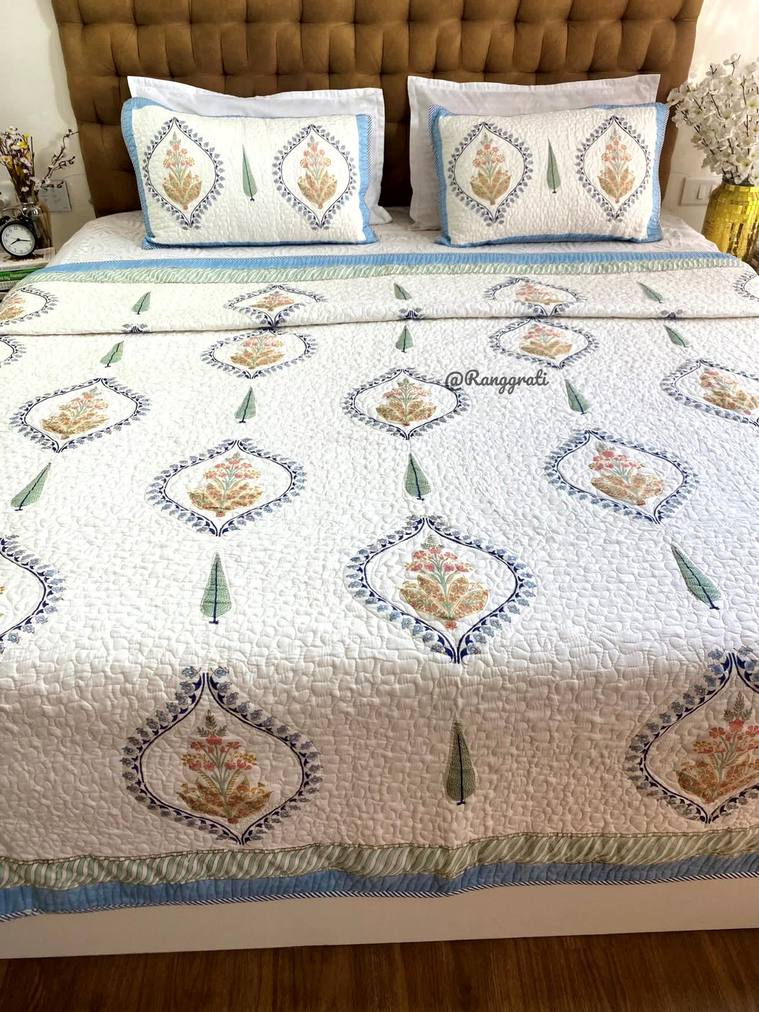 Blue Bell Harmony Hand block Quilted Bedcover In Mulmul Reversible - Bedcover