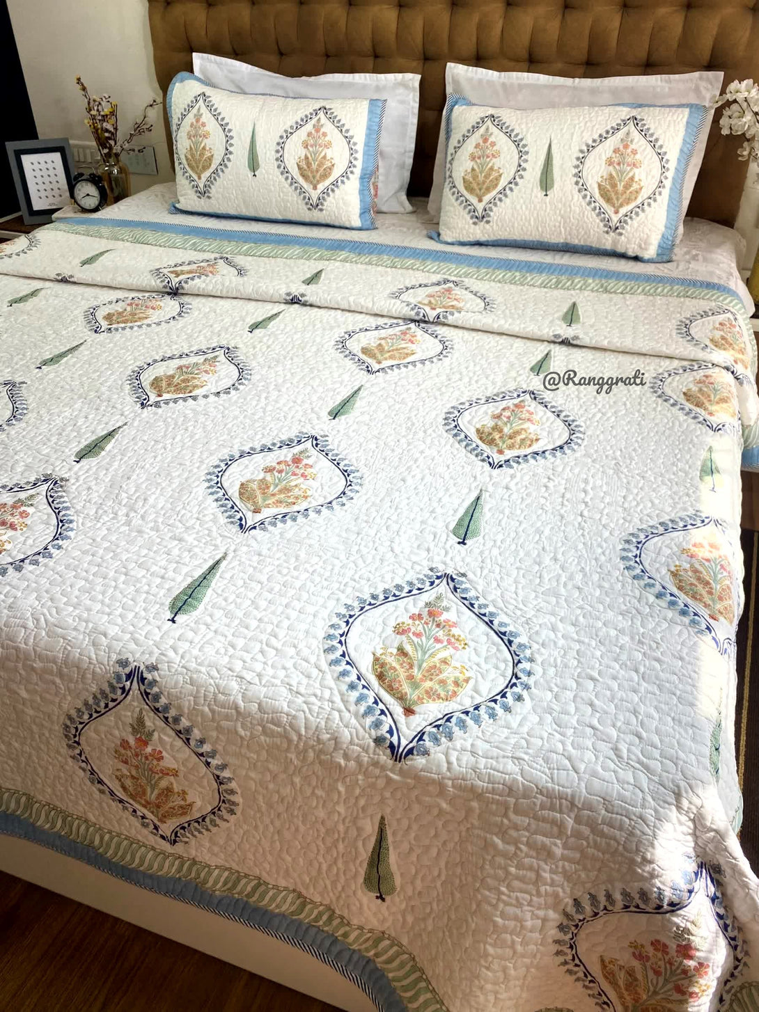 Blue Bell Harmony Hand block Quilted Bedcover In Mulmul Reversible - Bedcover