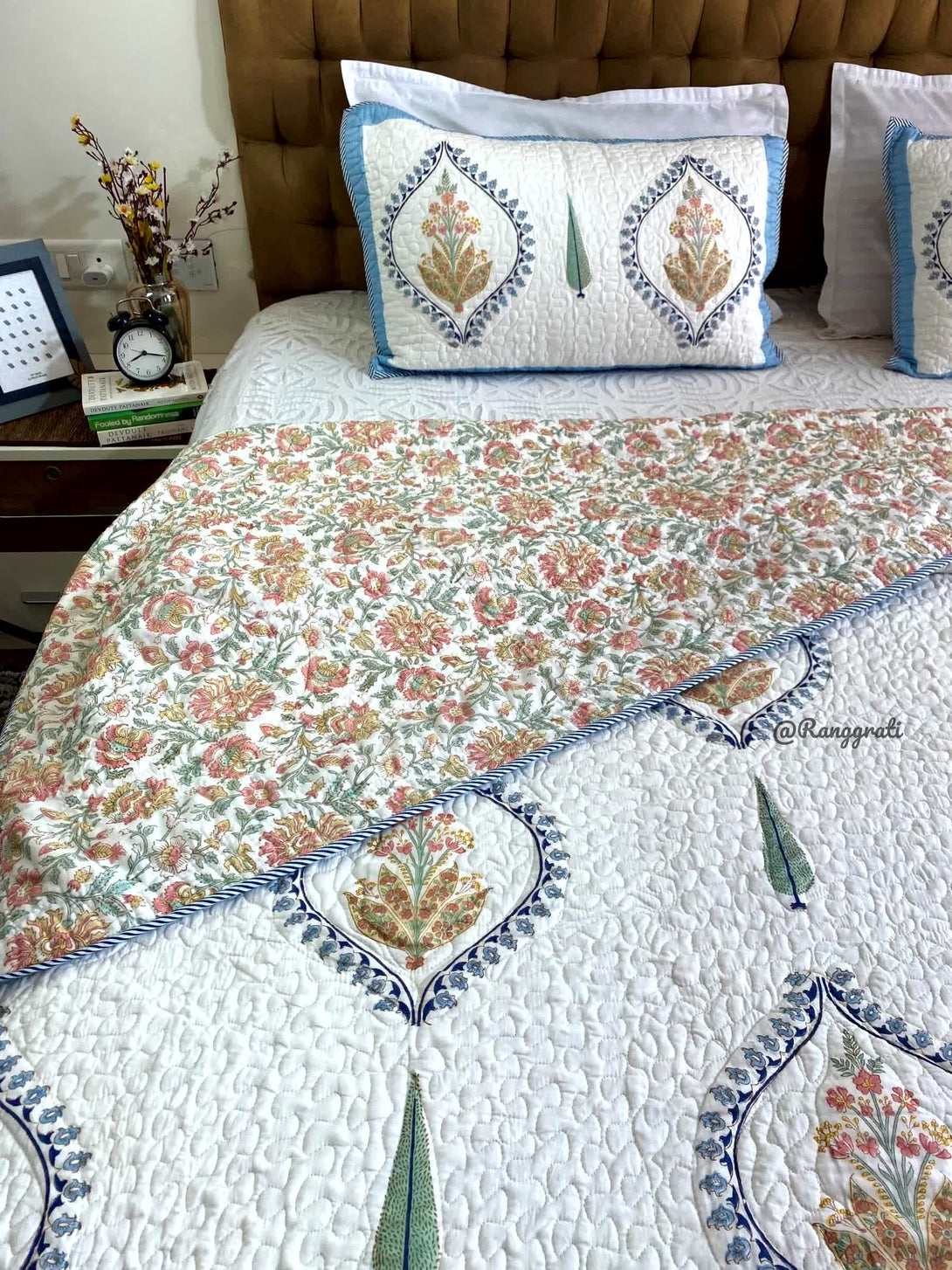 Blue Bell Harmony Hand block Quilted Bedcover In Mulmul Reversible - Bedcover