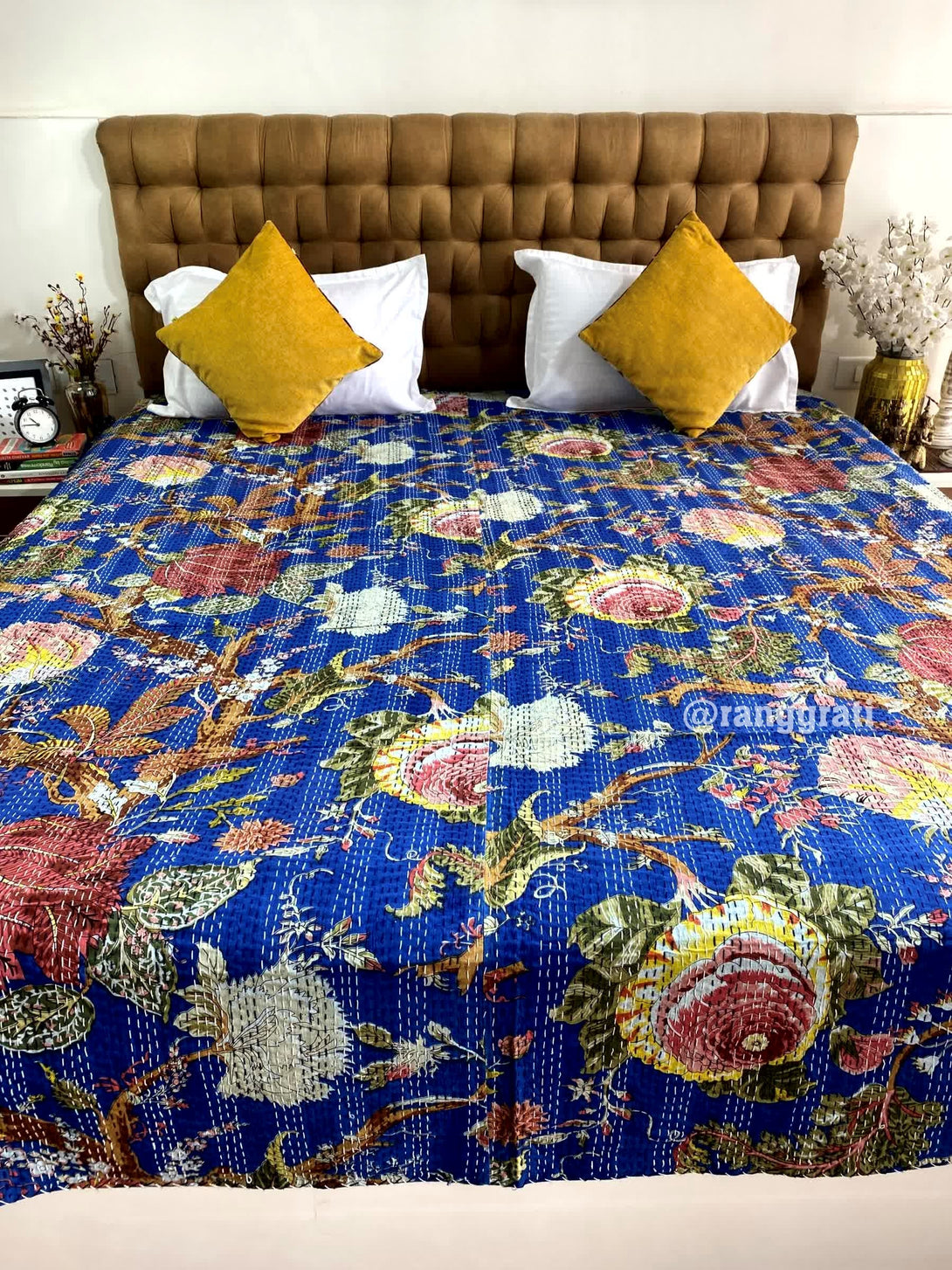 Blue Big Floral Kantha Bedcover For Double Bed King Size - Bedcover