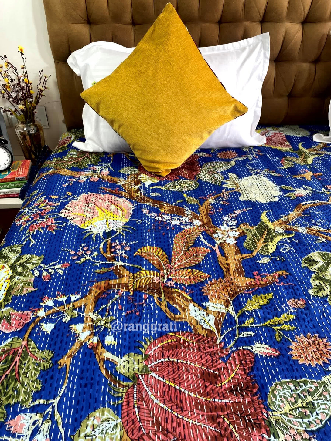 Blue Big Floral Kantha Bedcover For Double Bed King Size - Bedcover