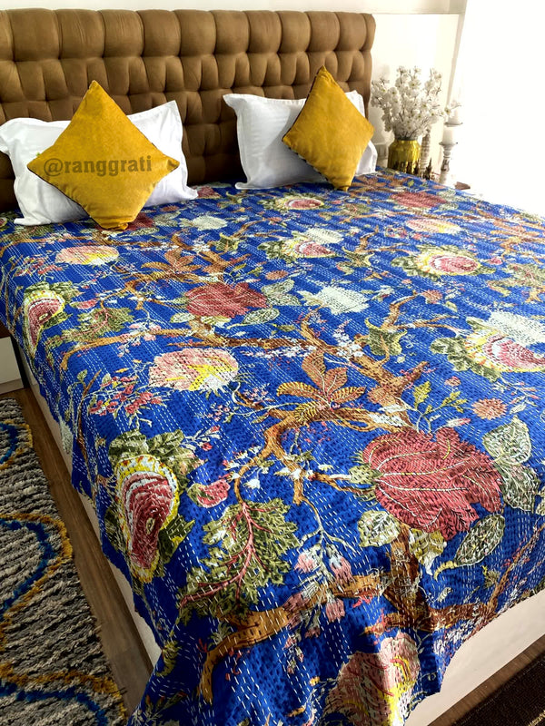 Pure Cotton Blue Big Floral Kantha Bedcover For Double Bed King Size