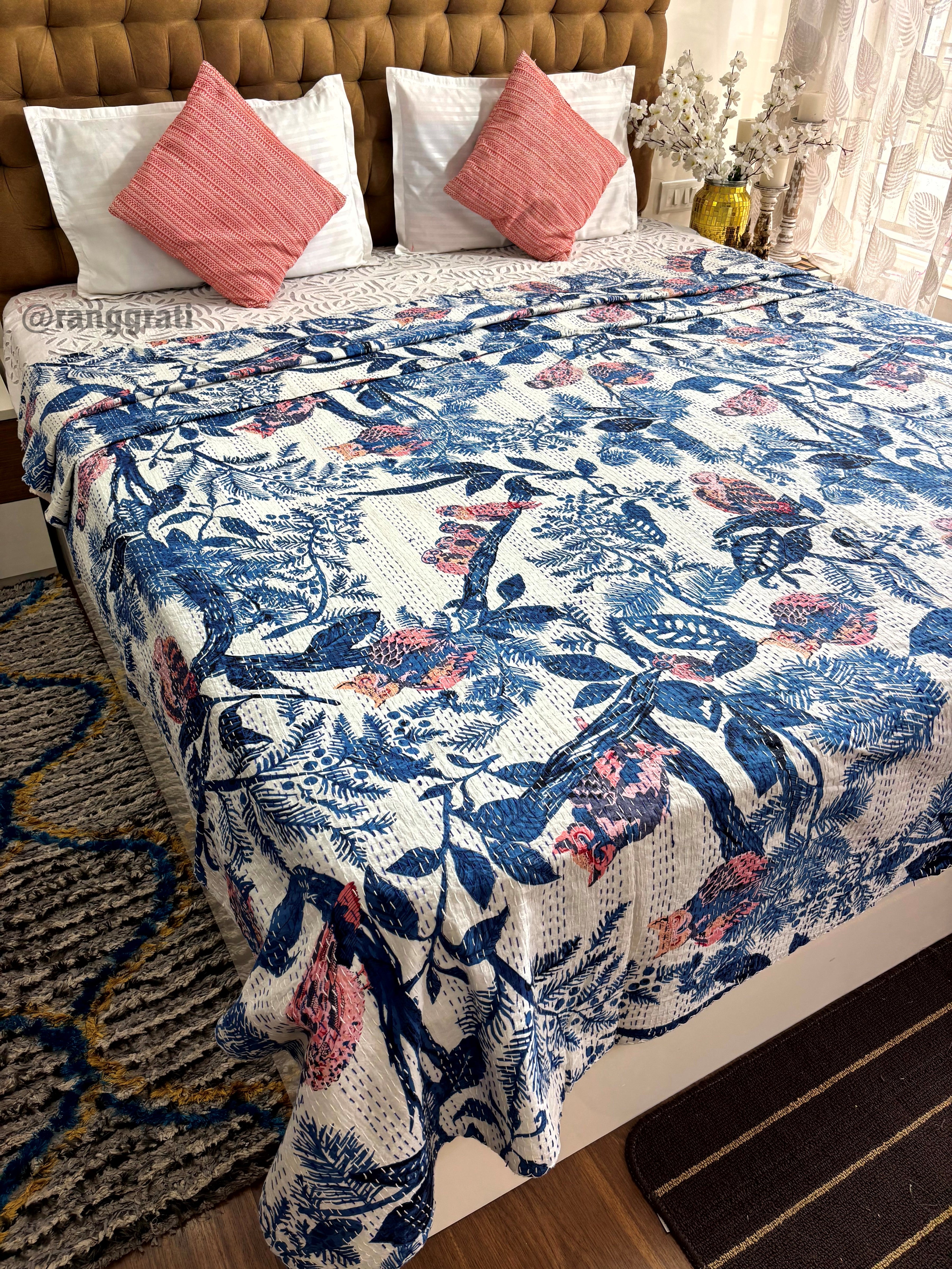 King Size Blue Birdie Kantha Bedcover For Double Bed