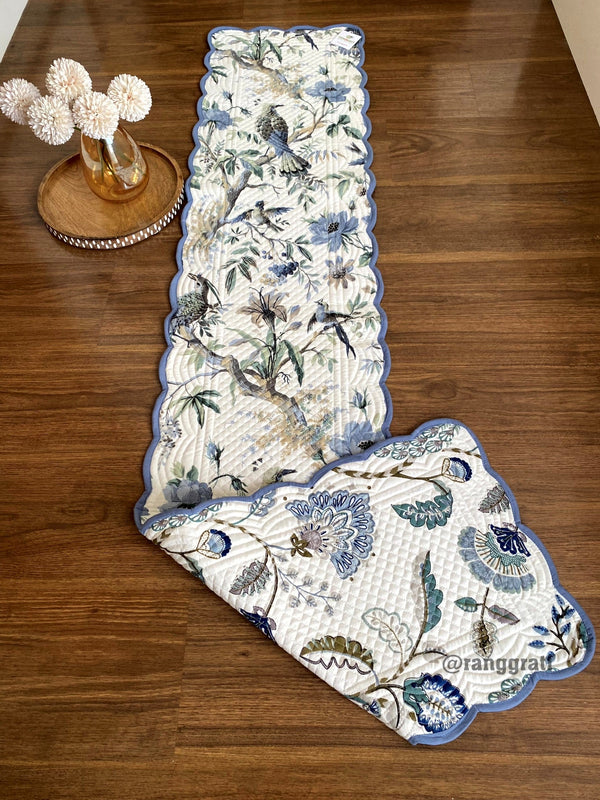 Blue Birdie Quilted Reversible Cotton Table Runner 6 Seater Dining Table - Table Runner