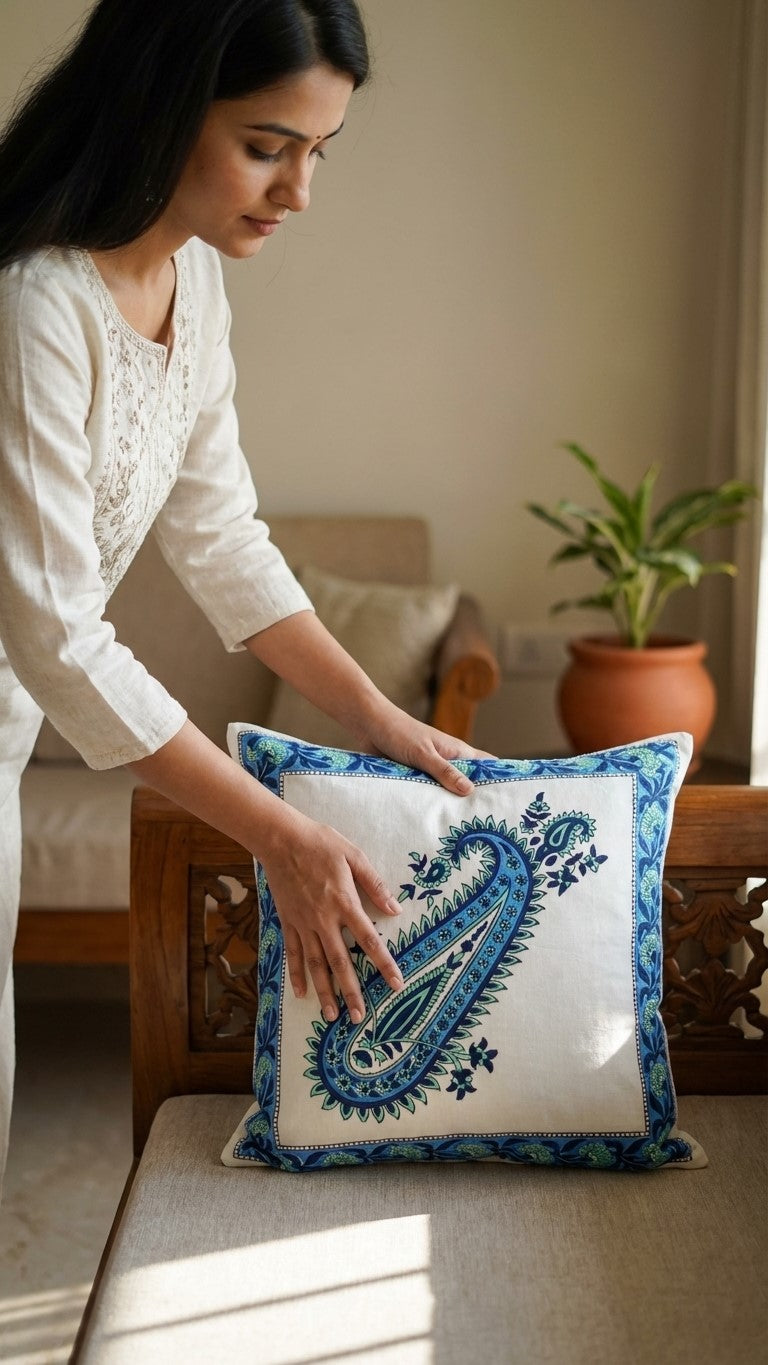 Blue boota hand block printed cushion cover