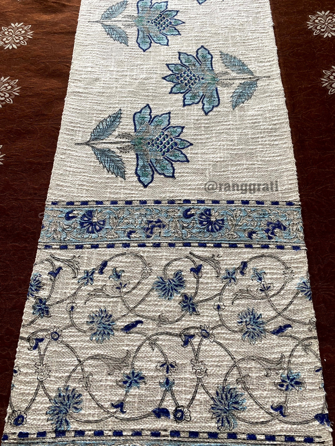 Blue Boota Jute Cotton Table Runner For 6 Seater