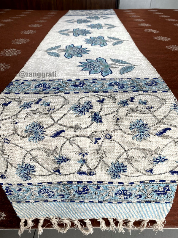 Blue Boota Jute Cotton Table Runner Hand Block Print For 6 Seater Dining Table