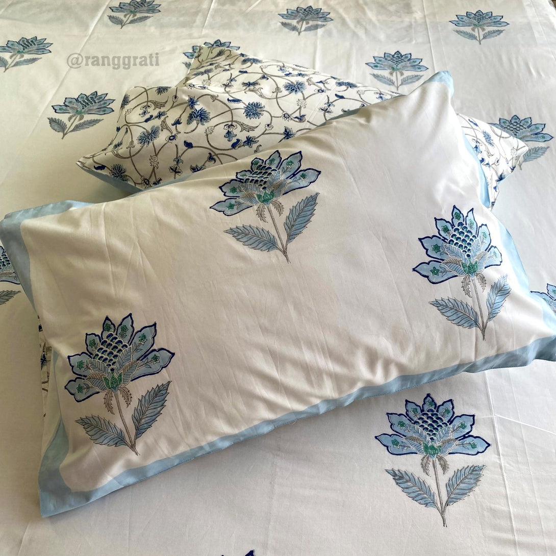 Blue Boota On White Base Size 250 TC Bedsheet Hand Block - Bedsheet