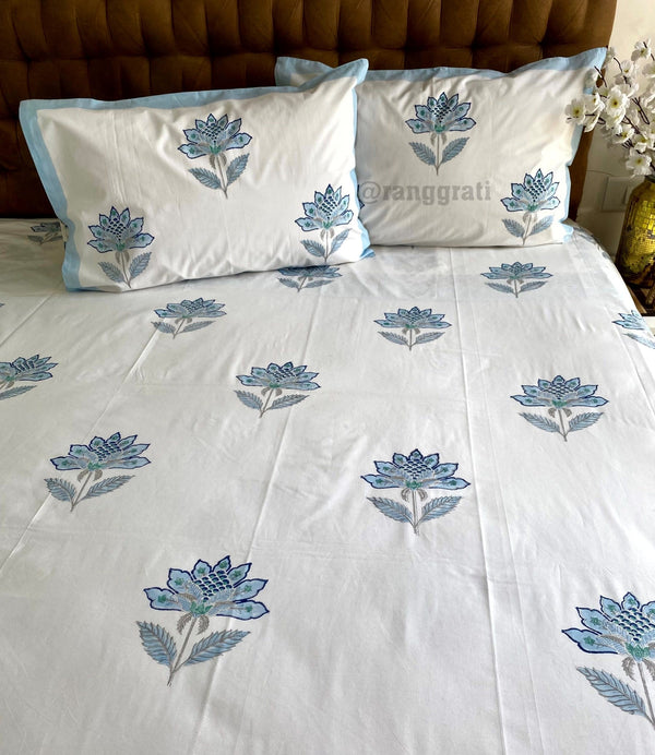 Blue Boota On White Base Size 250 TC Bedsheet Hand Block - Bedsheet