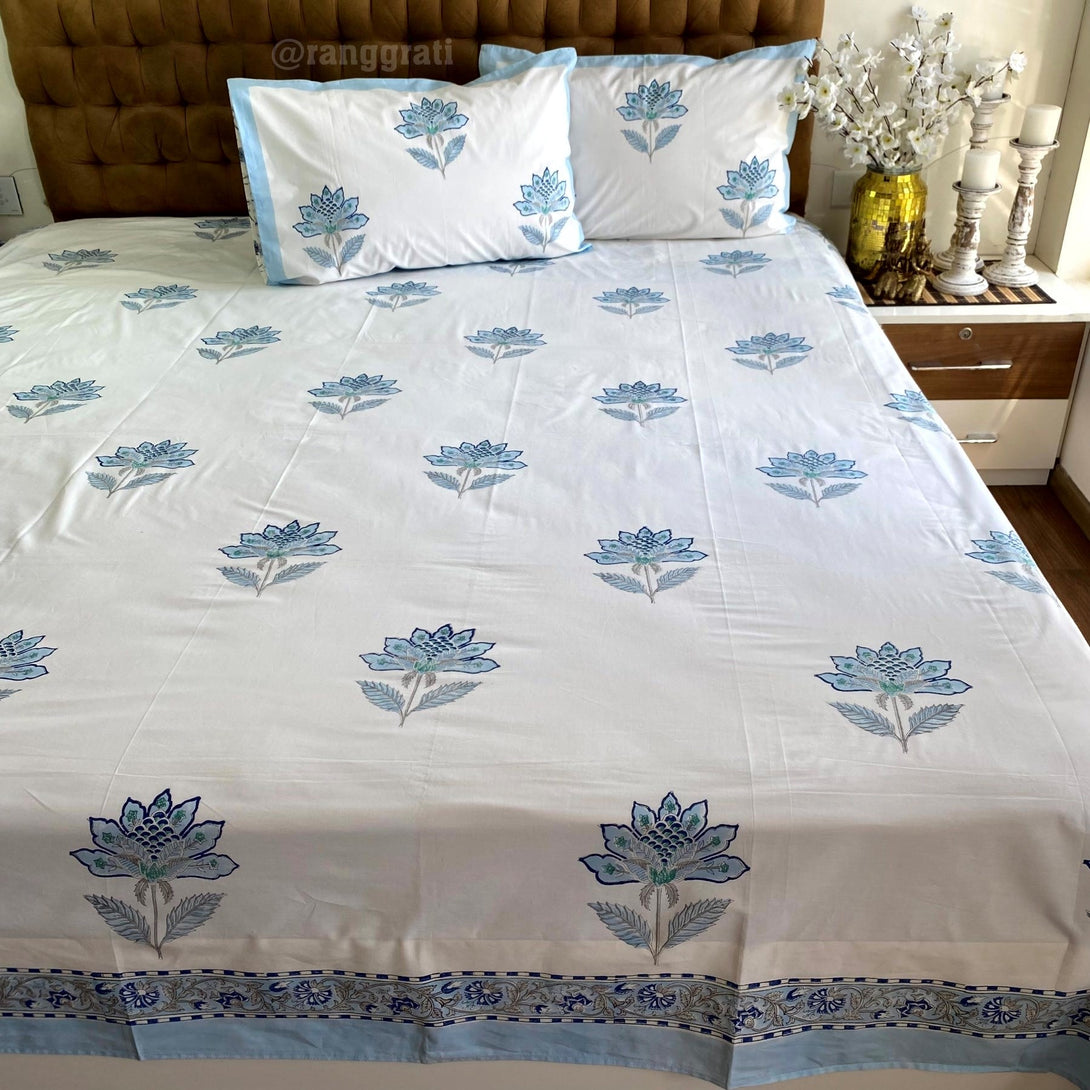Blue Boota On White Base Size 250 TC Bedsheet Hand Block - Bedsheet