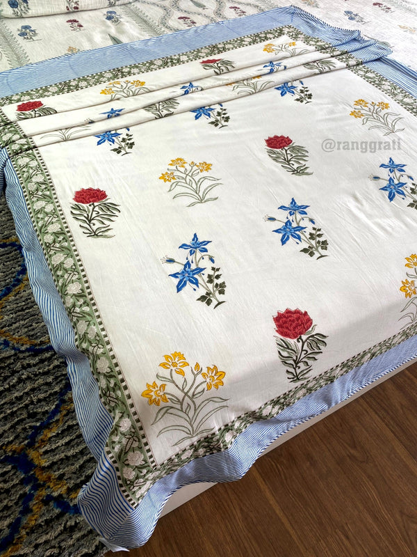 Blue Border Red Floral Dohar For Single Bed In Mulmul Cotton Reversible - Dohar