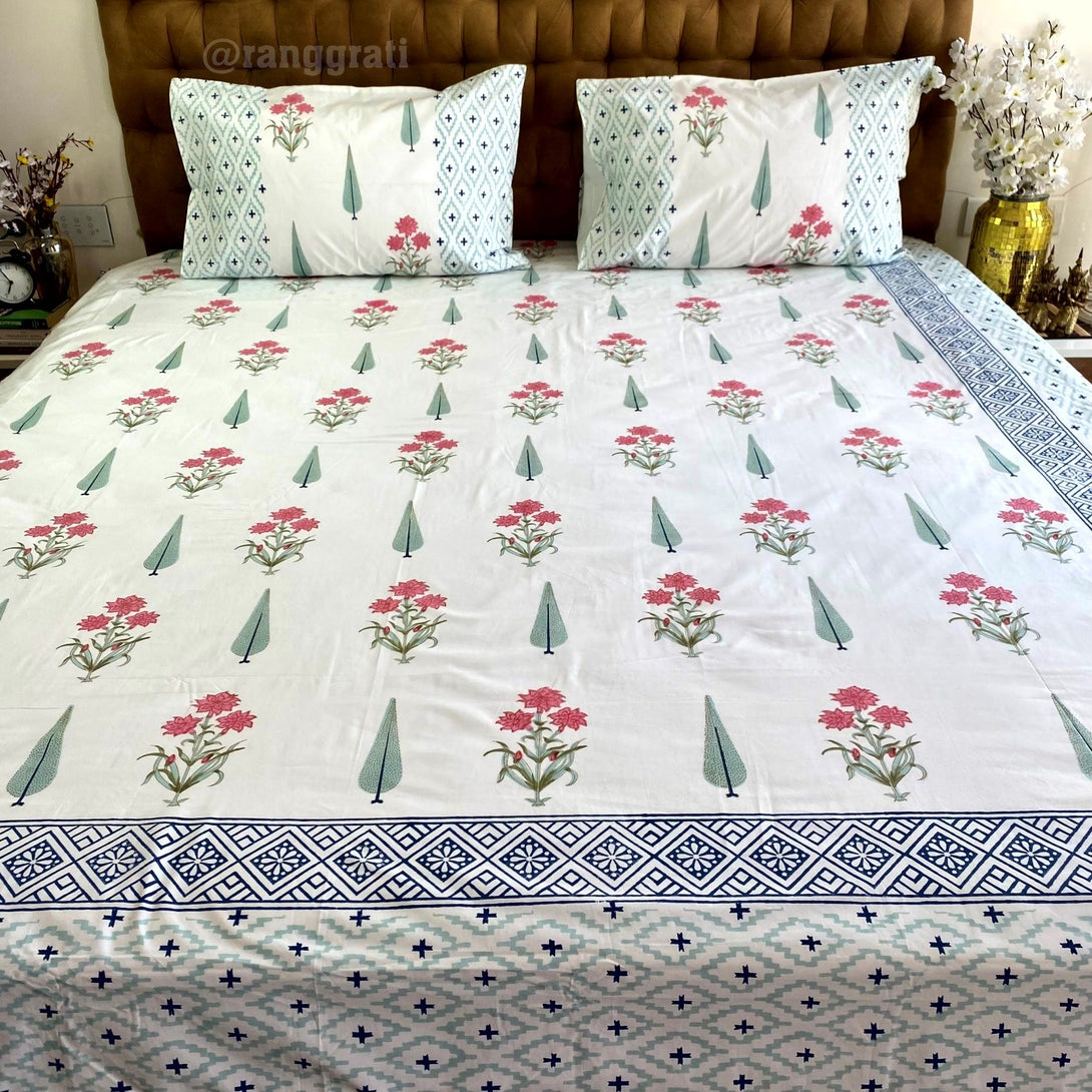 Blue Border Red Floral Super King Size 250 TC Bedsheet Cotton Hand Block - Bedsheet