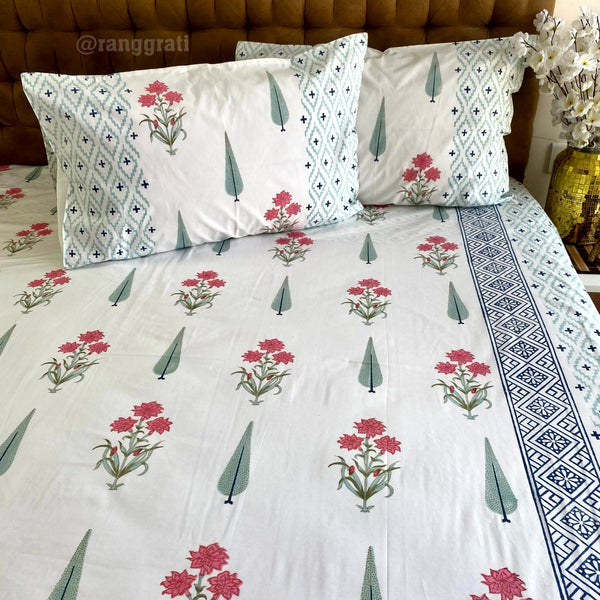 Blue Border Red Floral Super King Size 250 TC Bedsheet Cotton Hand Block - Bedsheet
