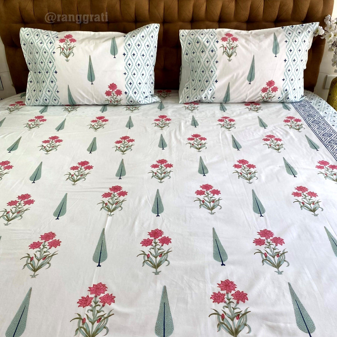Blue Border Red Floral Super King Size 250 TC Bedsheet Cotton Hand Block - Bedsheet