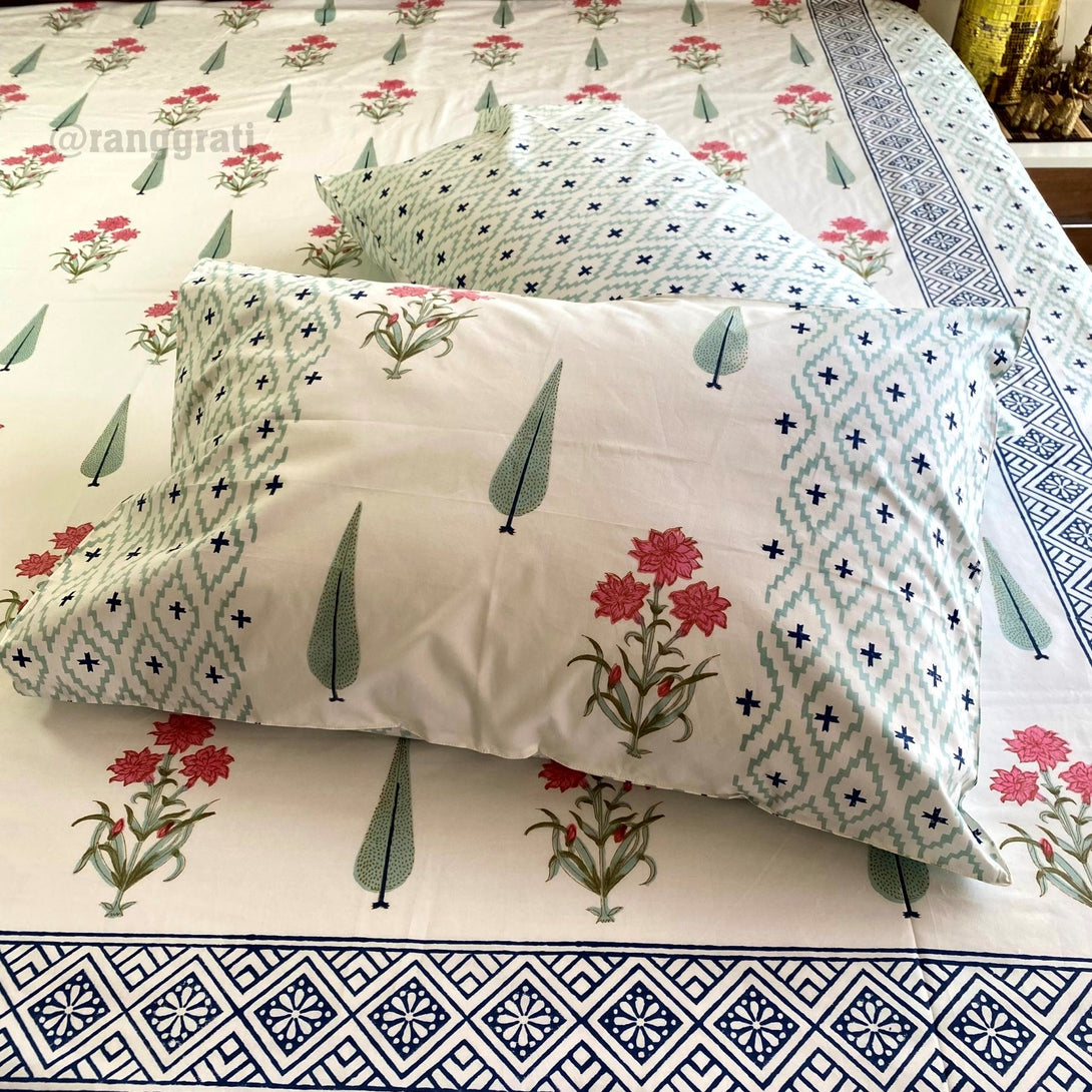 Blue Border Red Floral Super King Size 250 TC Bedsheet Cotton Hand Block - Bedsheet
