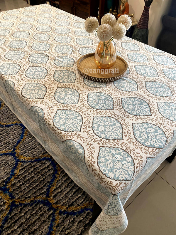 Blue and Brown Jaal Table Cover Cloth 6 Seater Dining Table Rectangular