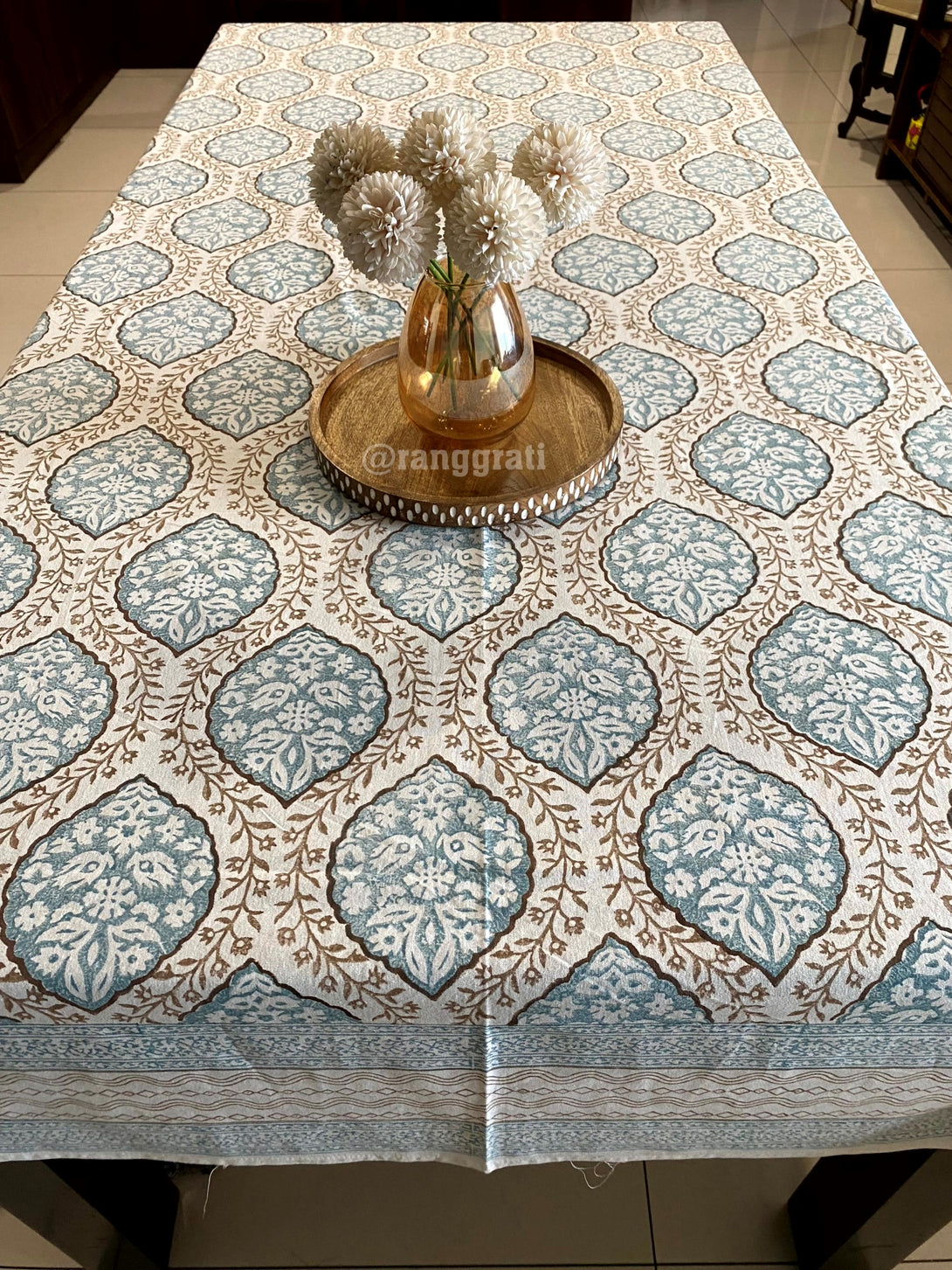 Blue and Brown Jaal Table Cover Cloth 6 Seater Dining Table Rectangular Cotton