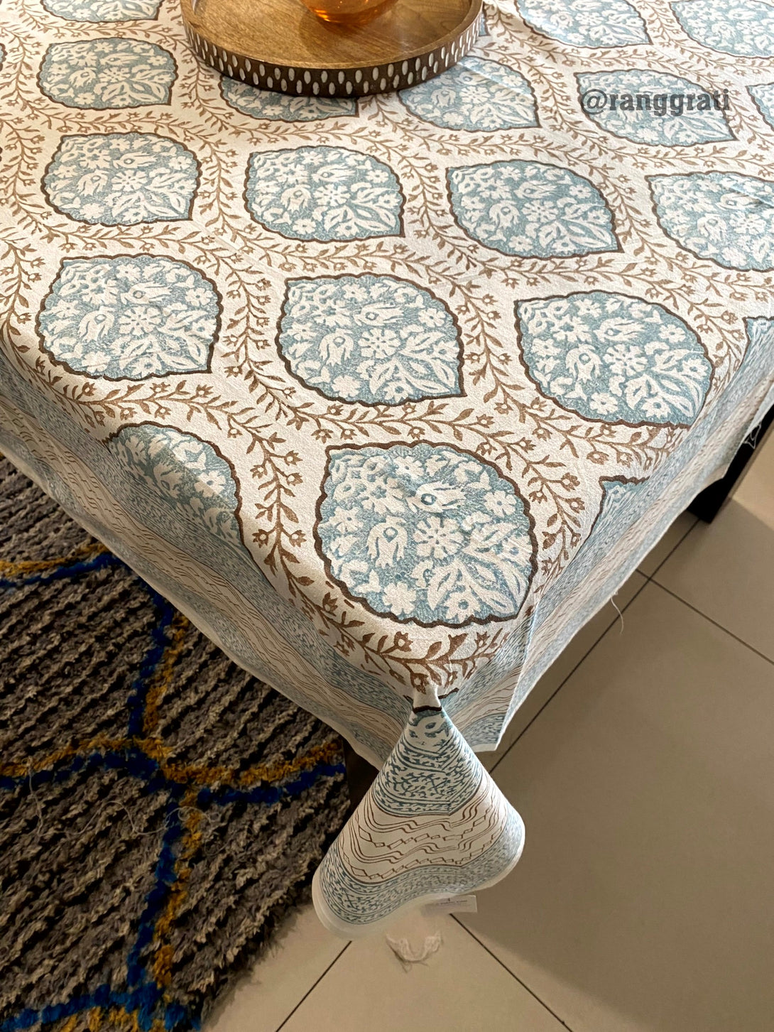 Pure Cotton Blue and Brown Jaal Table Cover Cloth 6 Seater Dining Table 