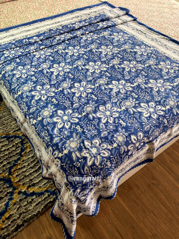 Blue Buttercup Floral Dohar For Single Bed In Mulmul Cotton Reversible