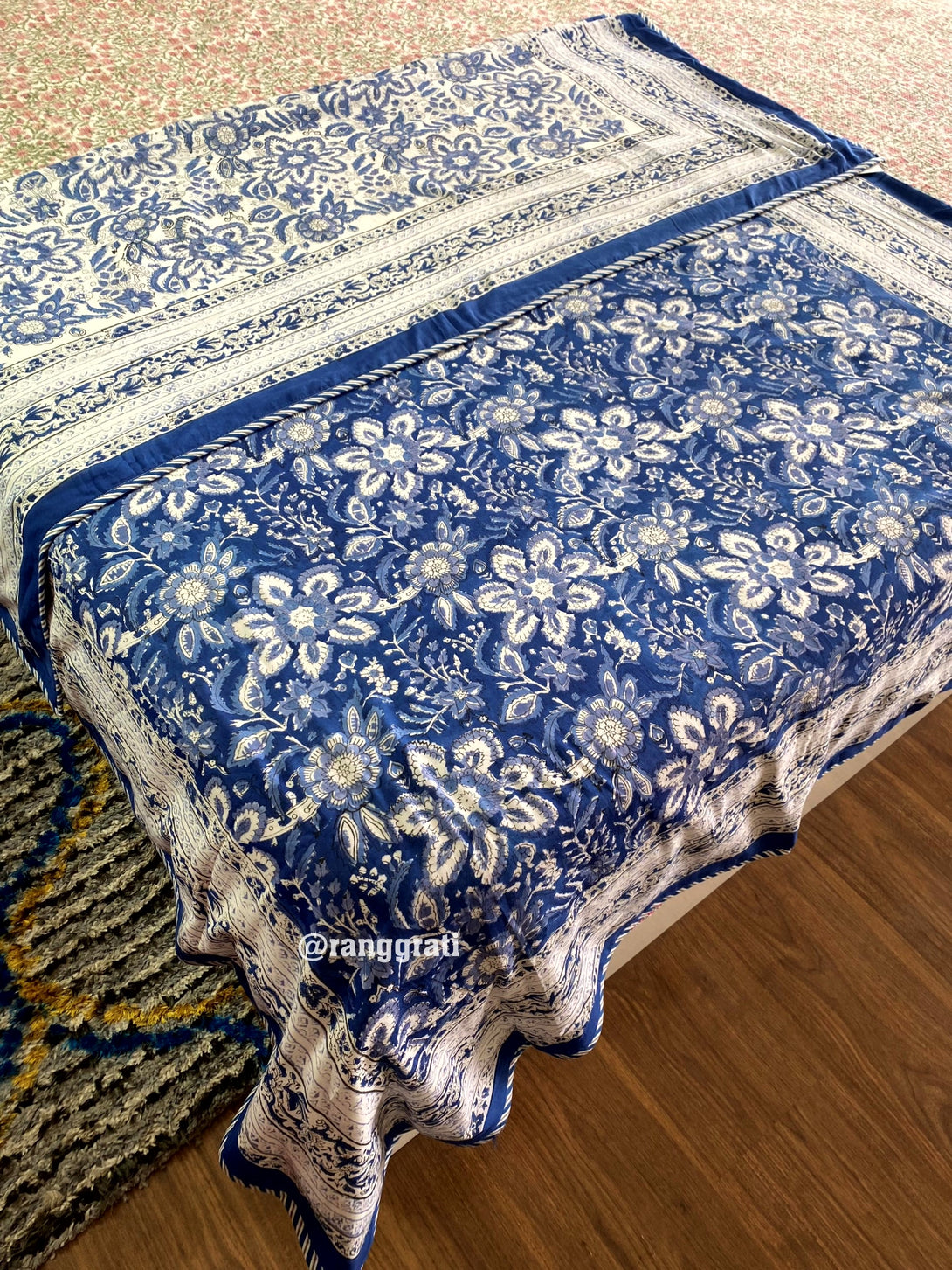 Mulmul Cotton Blue Buttercup Floral Dohar For Single Bed Reversible