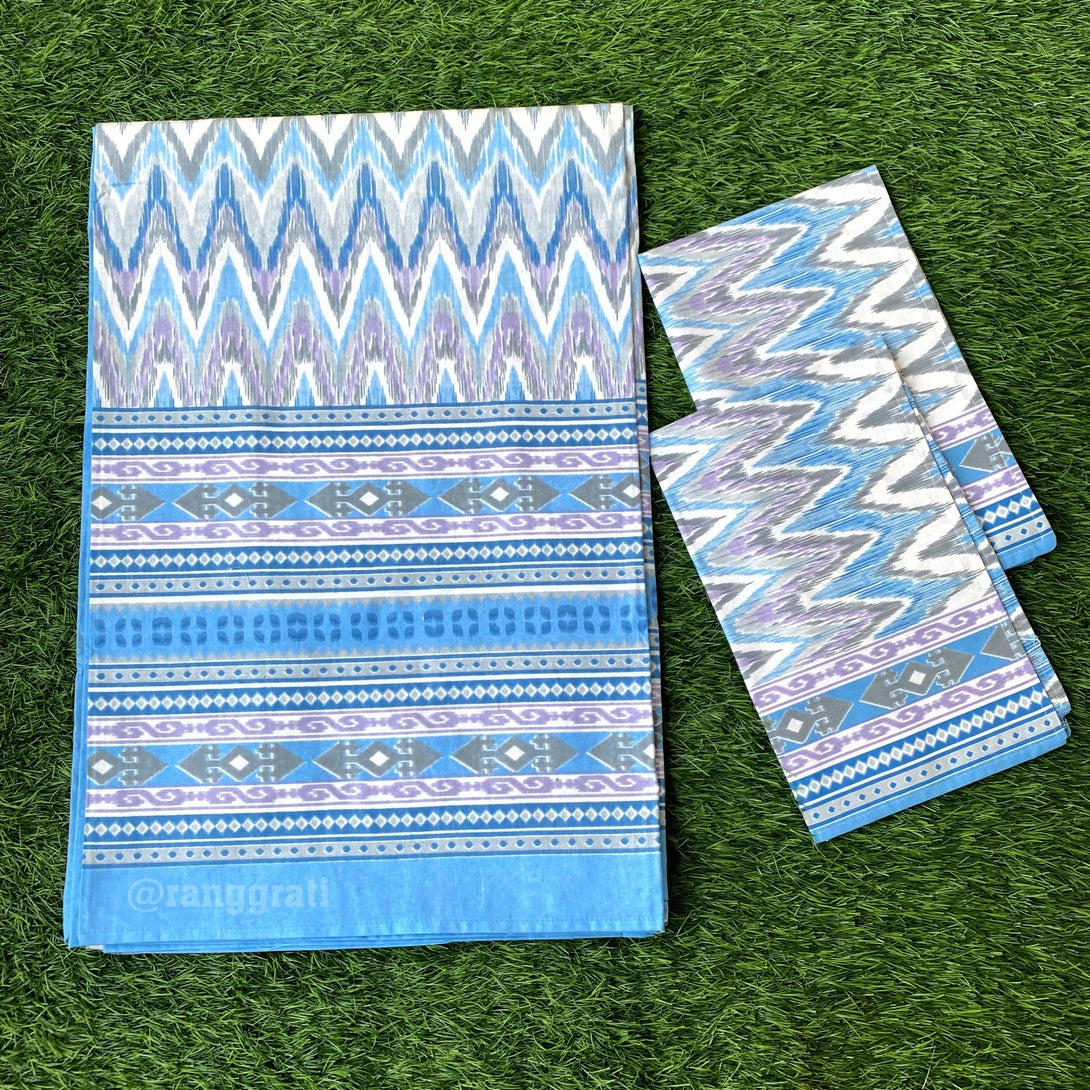 Blue Chevron Jaipuri Cotton Bedsheet Super King Size - Bedsheet