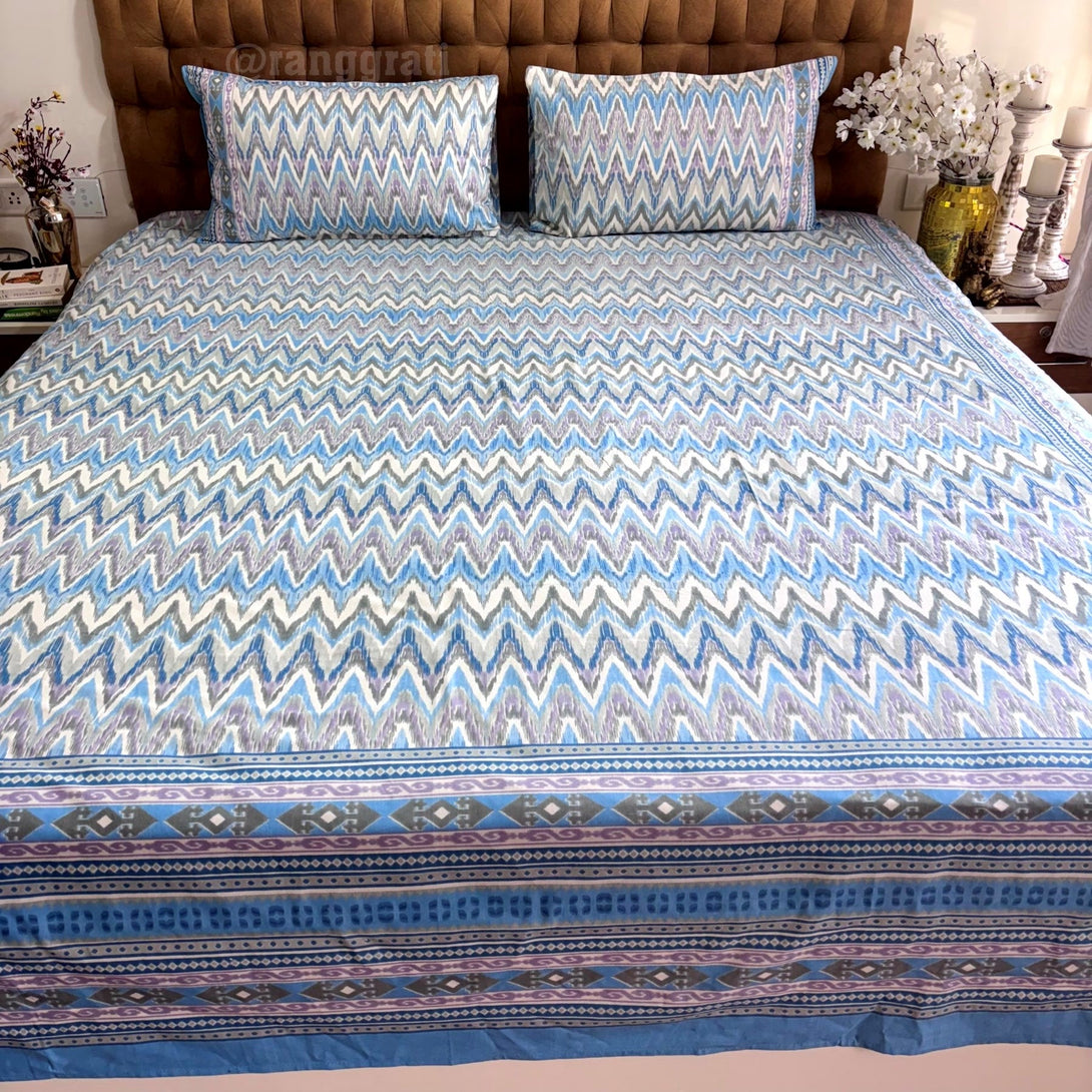 Blue Chevron Jaipuri Cotton Bedsheet Super King Size - Bedsheet
