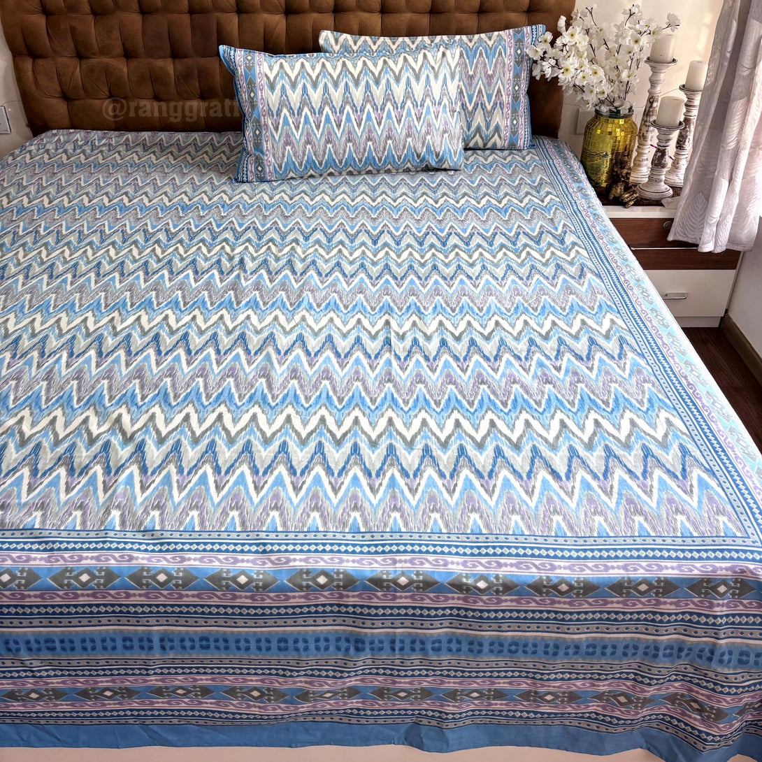 Blue Chevron Jaipuri Cotton Bedsheet Super King Size - Bedsheet