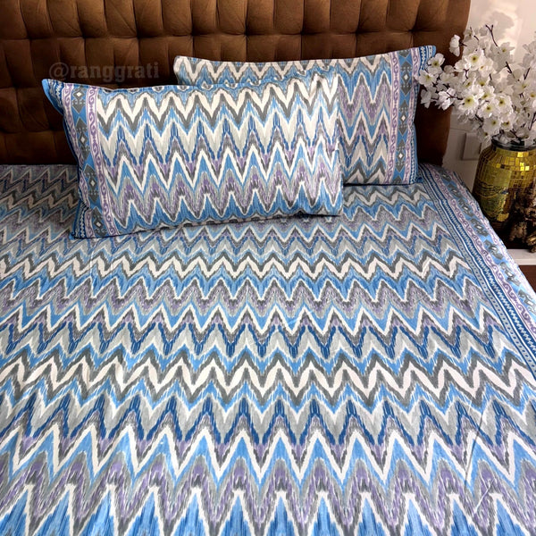 Blue Chevron Jaipuri Cotton Bedsheet Super King Size - Bedsheet