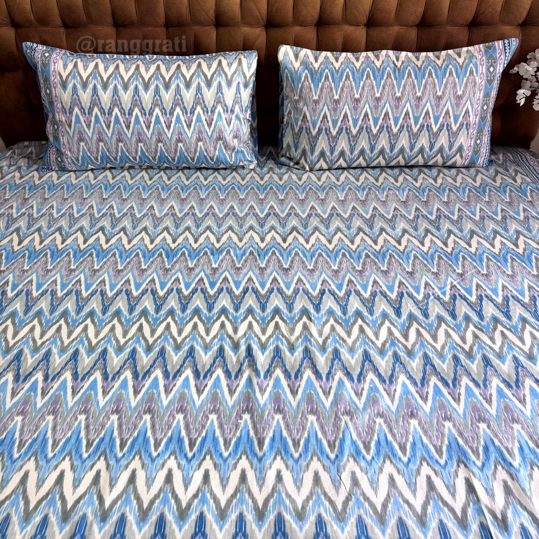 Blue Chevron Jaipuri Cotton Bedsheet Super King Size - Bedsheet