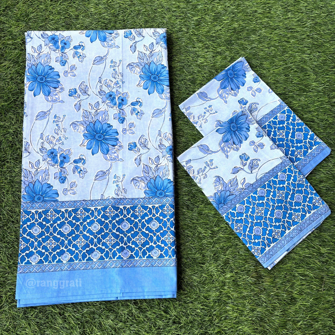 Blue Chicory Floral Jaipuri Cotton Bedsheet Super King Size - Bedsheet
