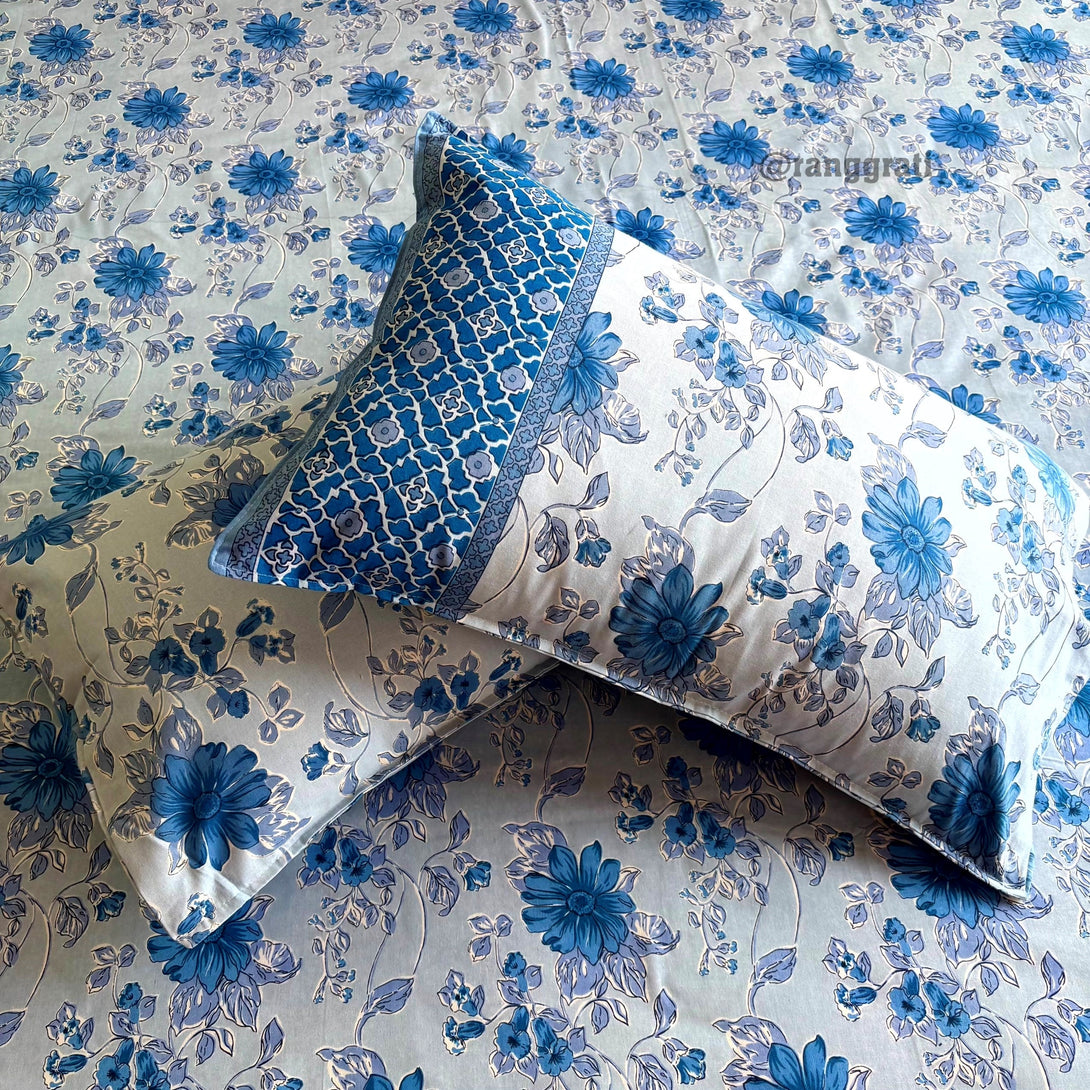 Blue Chicory Floral Jaipuri Cotton Bedsheet Super King Size - Bedsheet