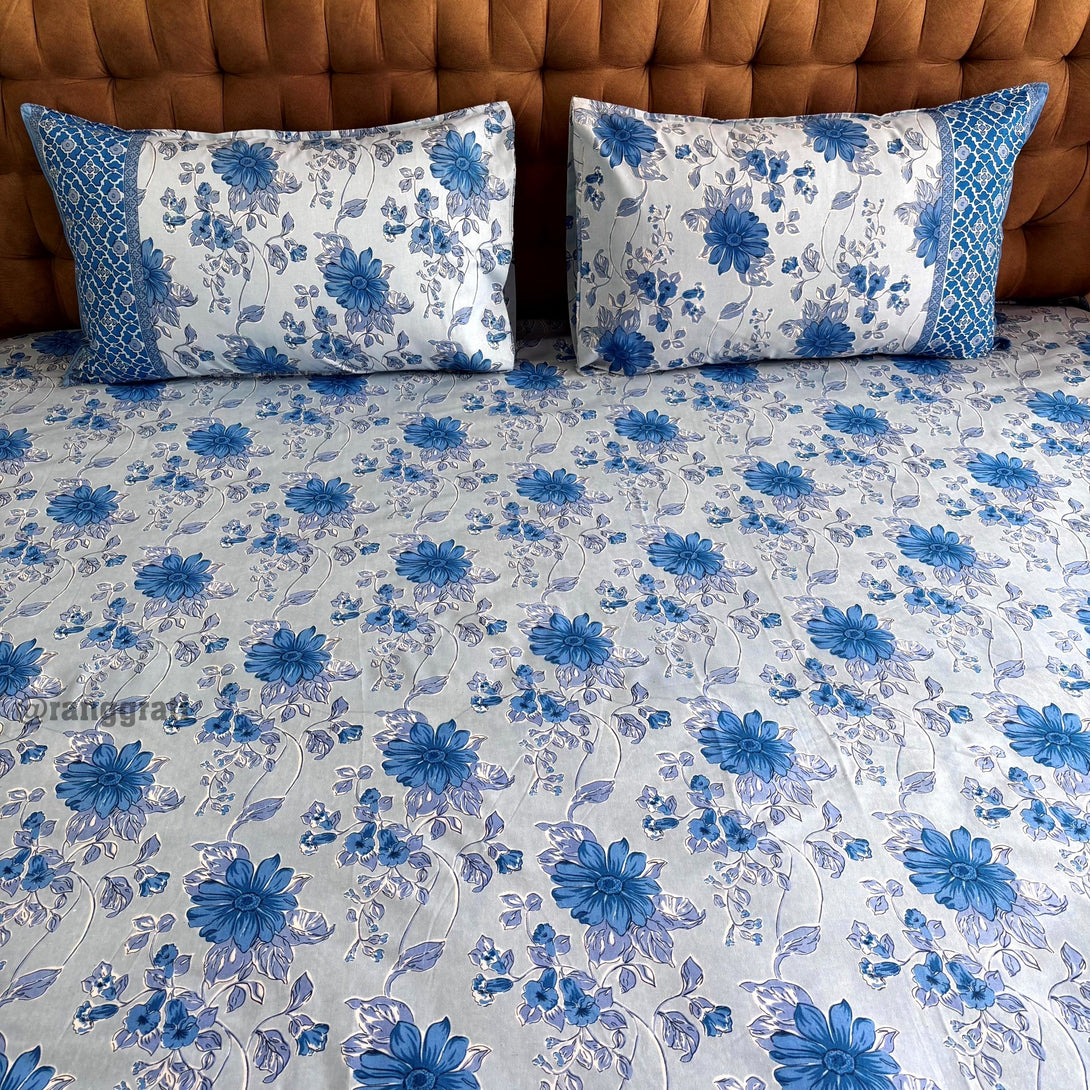 Blue Chicory Floral Jaipuri Cotton Bedsheet Super King Size - Bedsheet