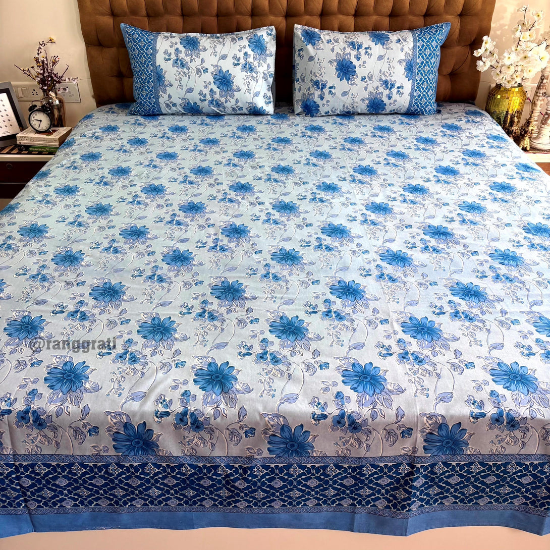 Blue Chicory Floral Jaipuri Cotton Bedsheet Super King Size - Bedsheet