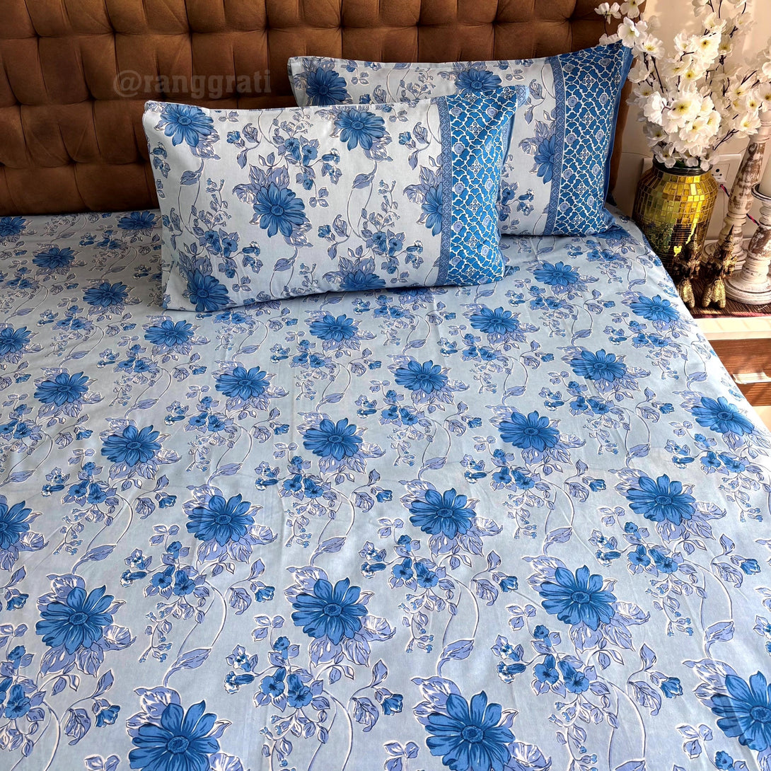 Blue Chicory Floral Jaipuri Cotton Bedsheet Super King Size - Bedsheet