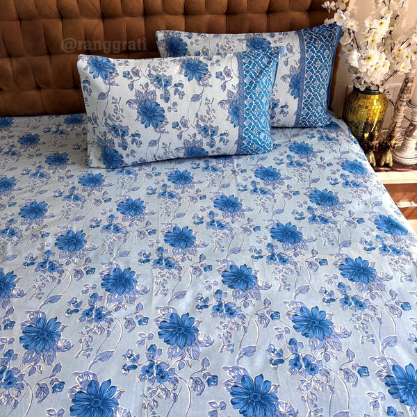 Blue Chicory Floral Jaipuri Cotton Bedsheet Super King Size - Bedsheet
